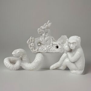 VTG Miniature Chinese Figures Lot of 3 White Dragon Snake Monkey Chopstick Rest